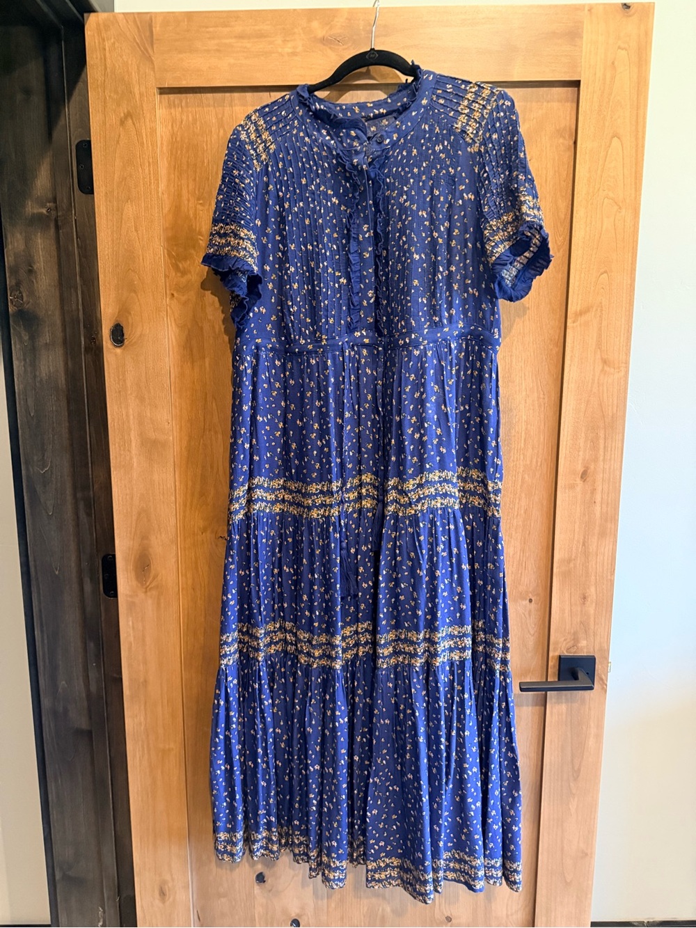 Free People Navy Blue Floral Tiered Maxi Dress with Gold Accents